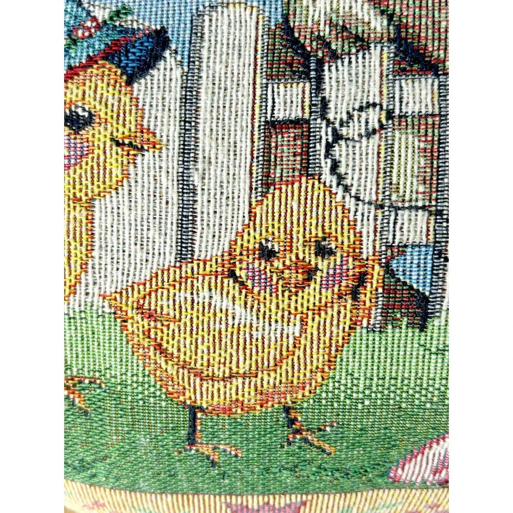 Vintage Tapestry Easter Pillow Rabbits Chicks Farm Scene Needlepoint Style Decor